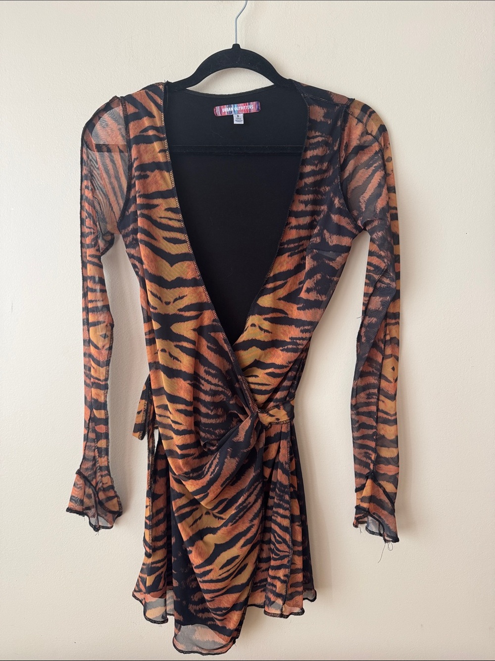 Urban Outfitters Sheer Tiger-Stripe Wrap Dress - Black & Orange